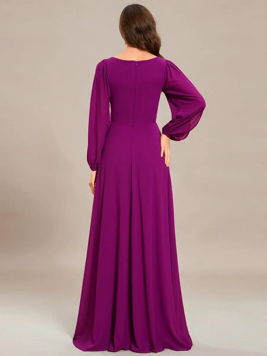 Robe de Soiree Longue Elegante Avec Lanterne en V Profond a Manches Fendues et Appliques