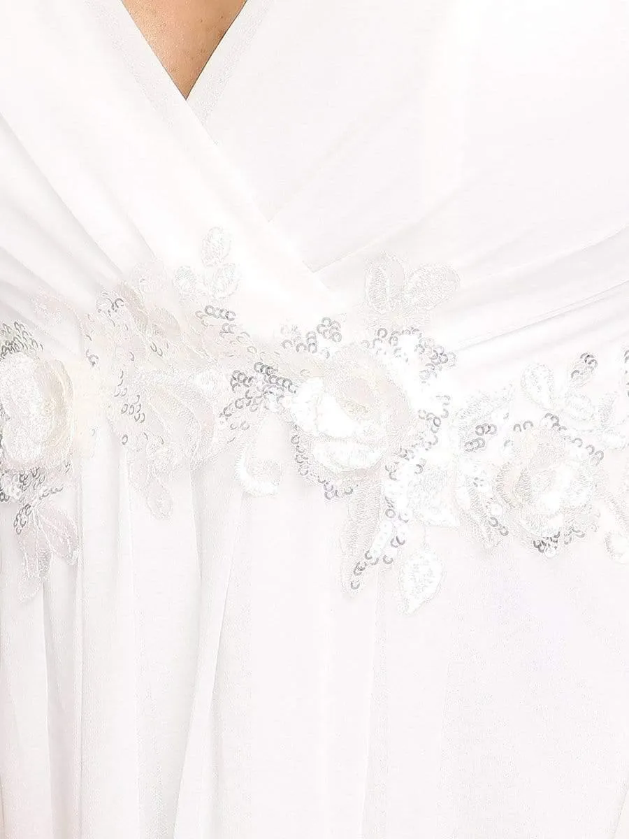 Robe de Soiree Longue Elegante Avec Lanterne en V Profond a Manches Fendues et Appliques