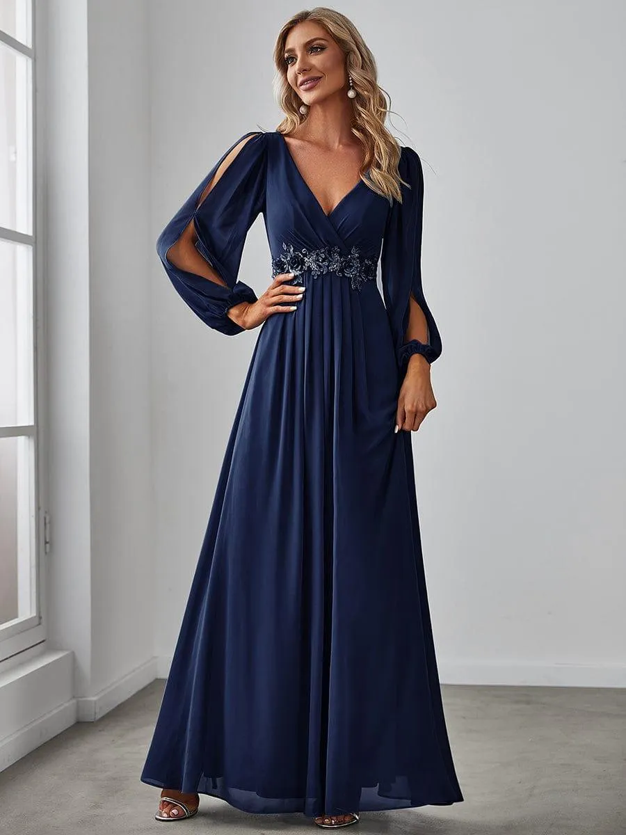 Robe de Soiree Longue Elegante Avec Lanterne en V Profond a Manches Fendues et Appliques