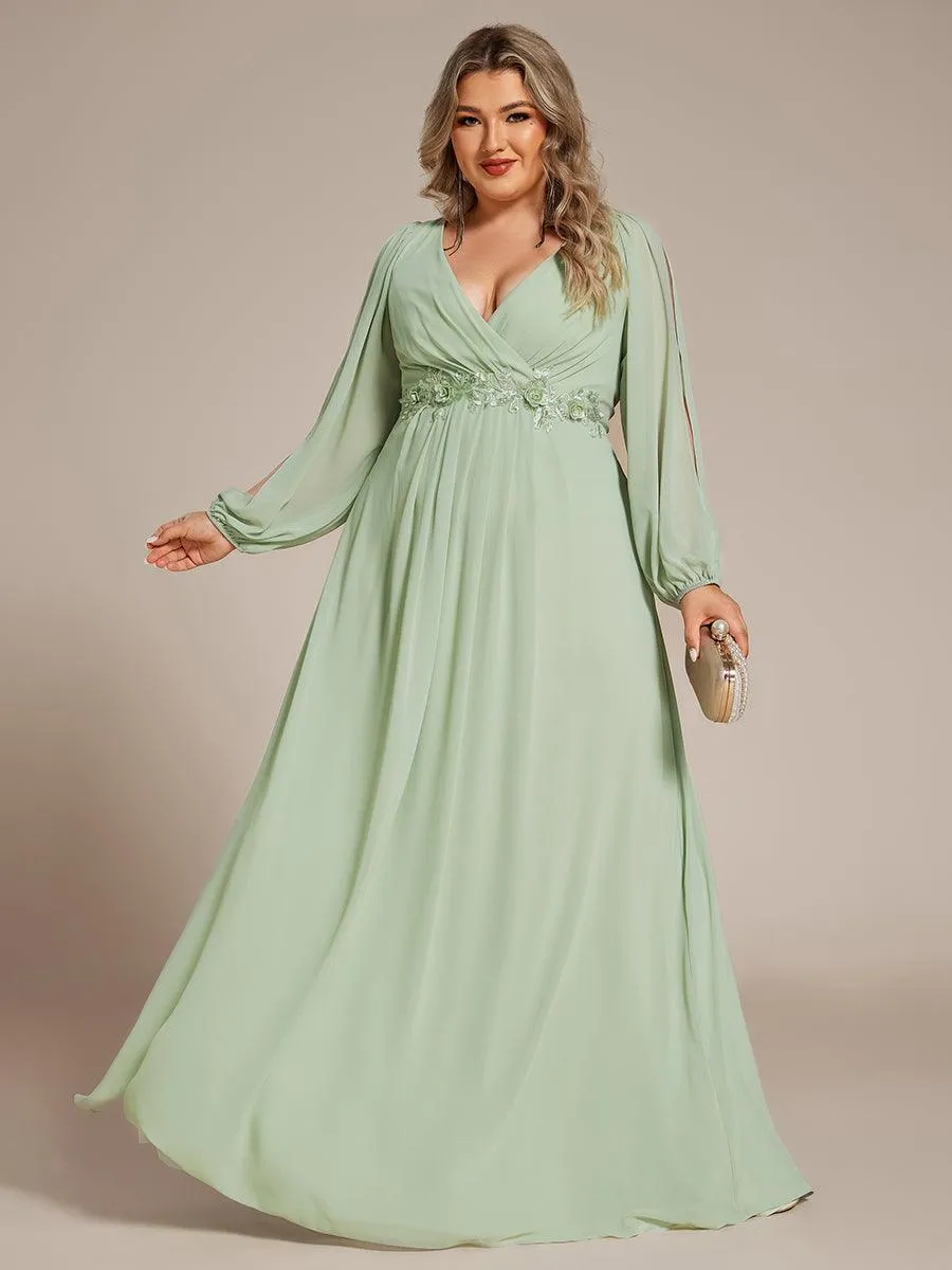 Robe de Soiree Longue Elegante Avec Lanterne en V Profond a Manches Fendues et Appliques