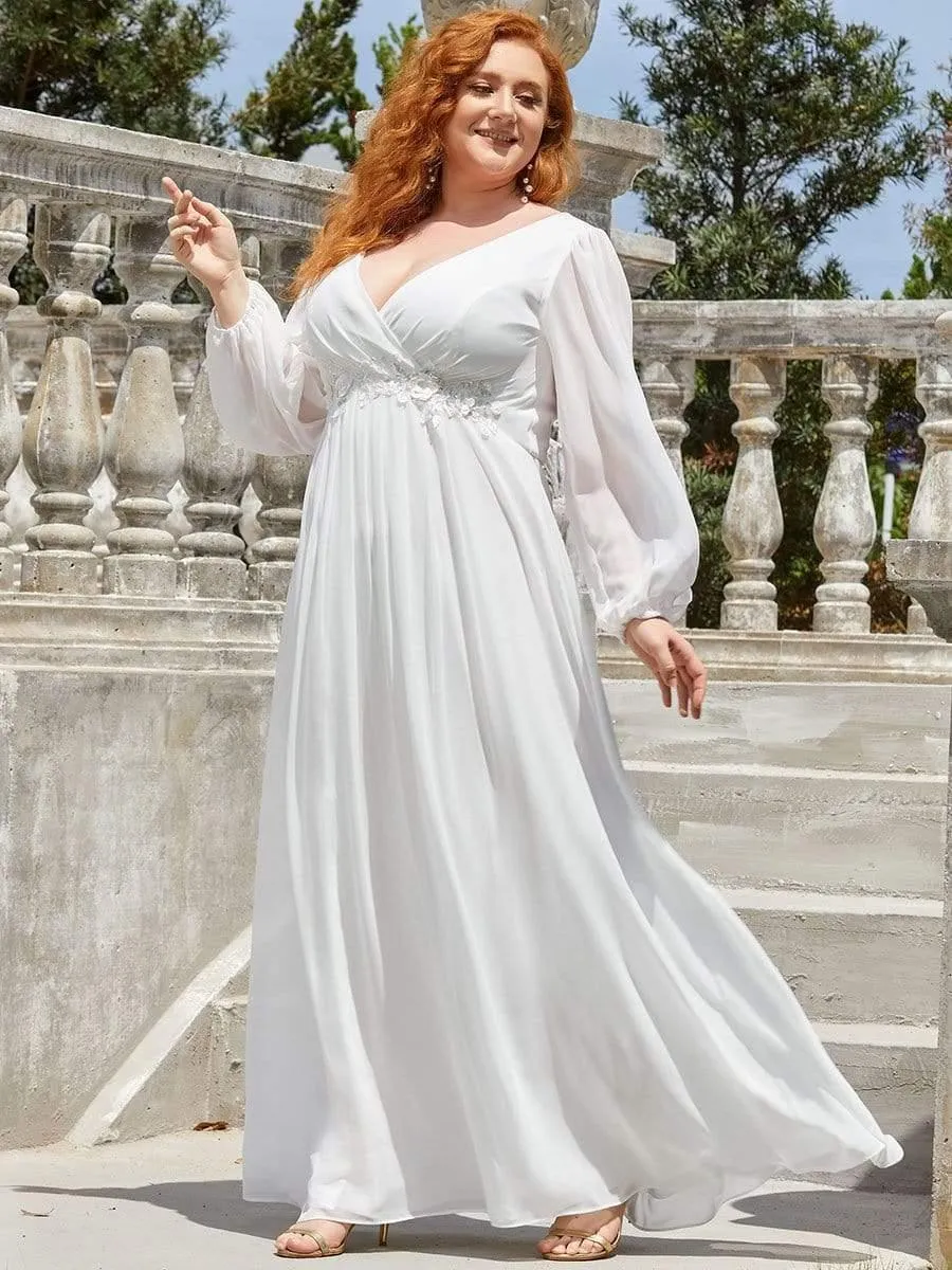 Robe de Soiree Longue Elegante Avec Lanterne en V Profond a Manches Fendues et Appliques
