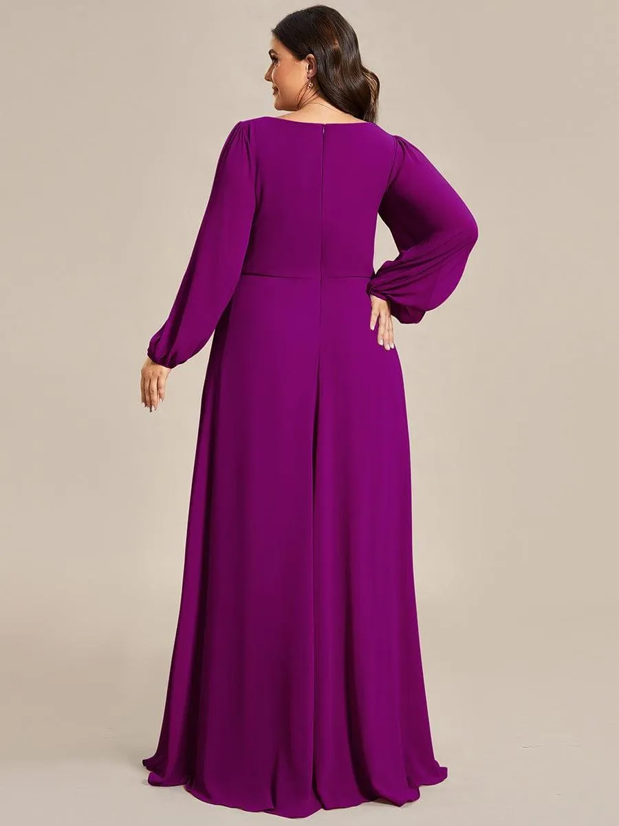 Robe de Soiree Longue Elegante Avec Lanterne en V Profond a Manches Fendues et Appliques