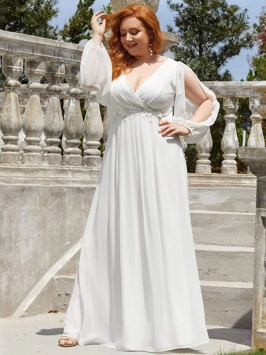 Robe de Soiree Longue Elegante Avec Lanterne en V Profond a Manches Fendues et Appliques