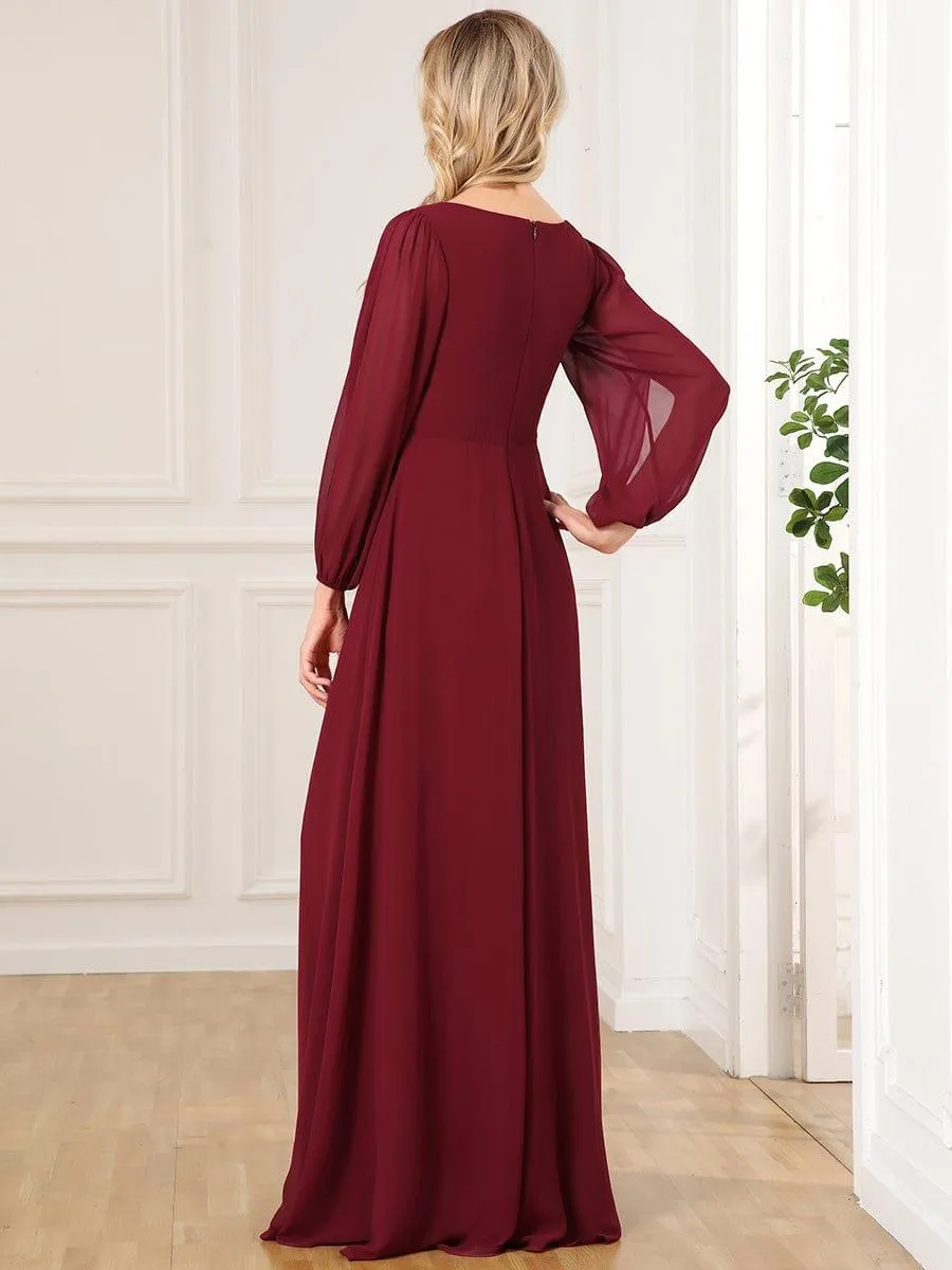 Robe de Soiree Longue Elegante Avec Lanterne en V Profond a Manches Fendues et Appliques