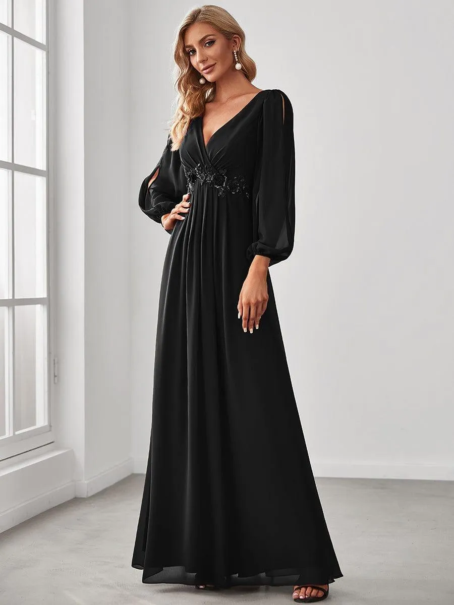 Robe de Soiree Longue Elegante Avec Lanterne en V Profond a Manches Fendues et Appliques