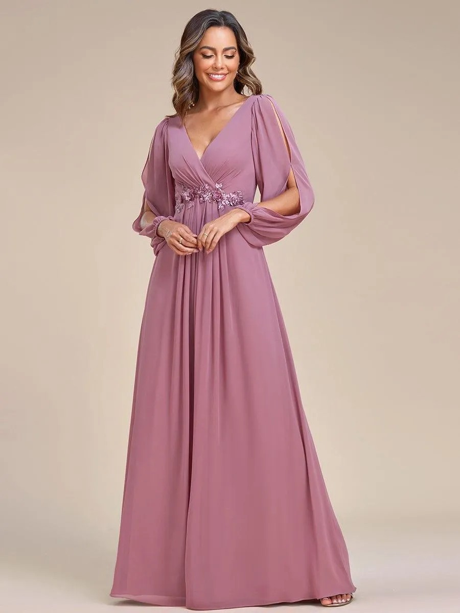 Robe de Soiree Longue Elegante Avec Lanterne en V Profond a Manches Fendues et Appliques