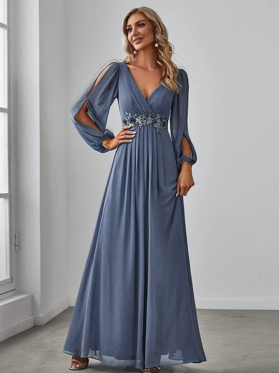 Robe de Soiree Longue Elegante Avec Lanterne en V Profond a Manches Fendues et Appliques