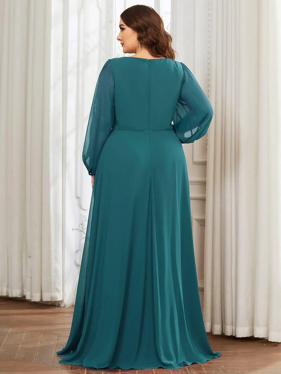 Robe de Soiree Longue Elegante Avec Lanterne en V Profond a Manches Fendues et Appliques