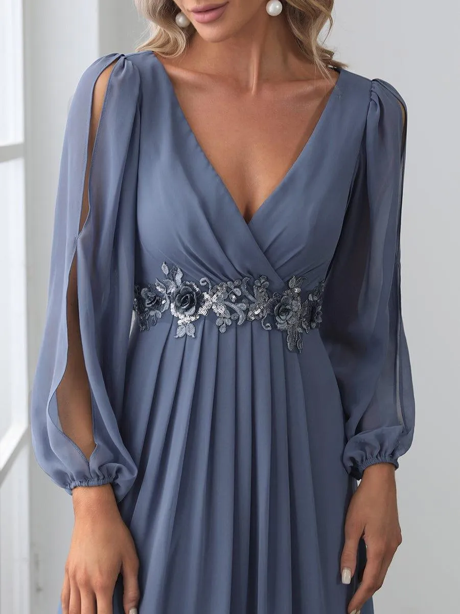Robe de Soiree Longue Elegante Avec Lanterne en V Profond a Manches Fendues et Appliques