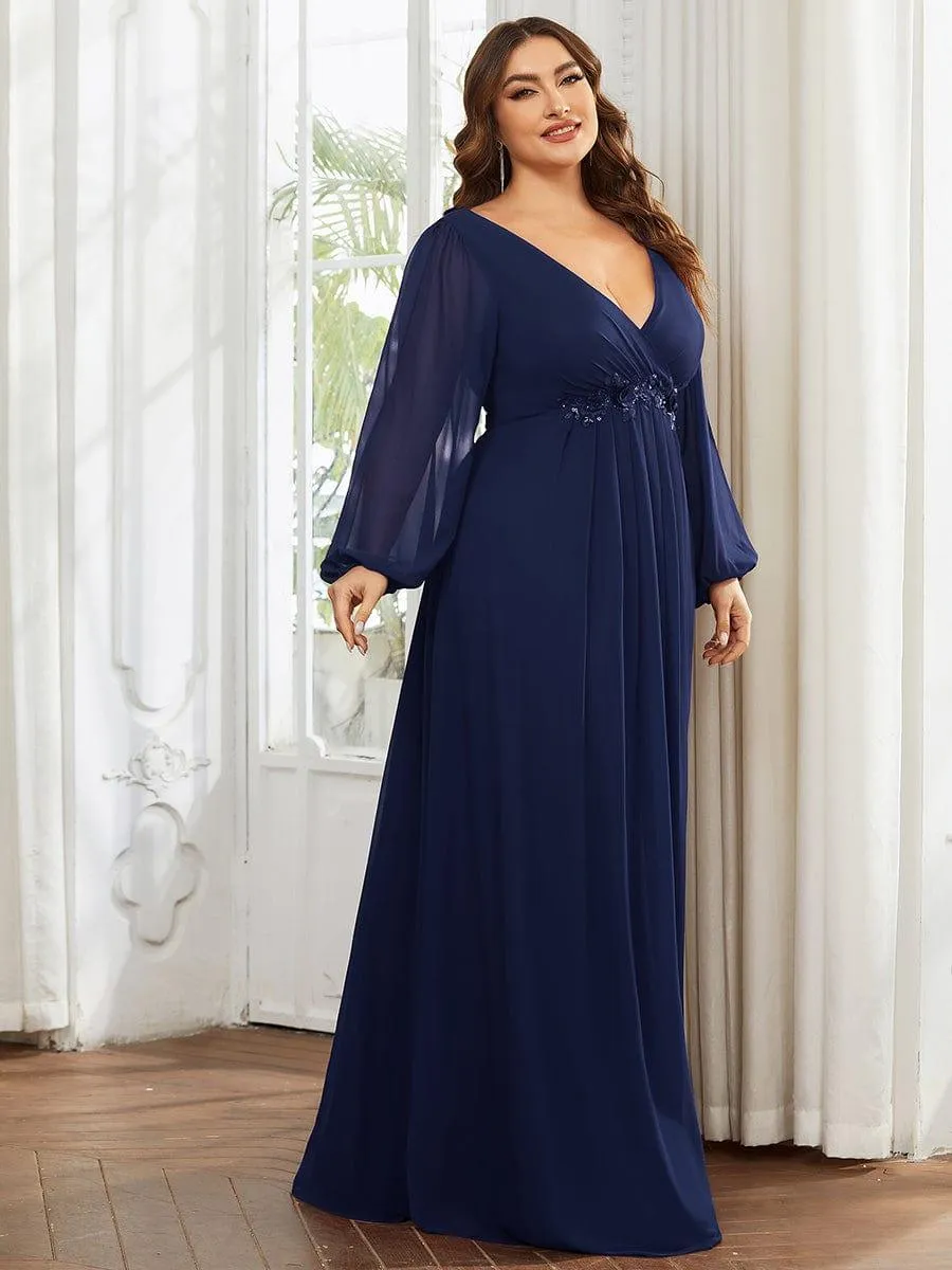 Robe de Soiree Longue Elegante Avec Lanterne en V Profond a Manches Fendues et Appliques