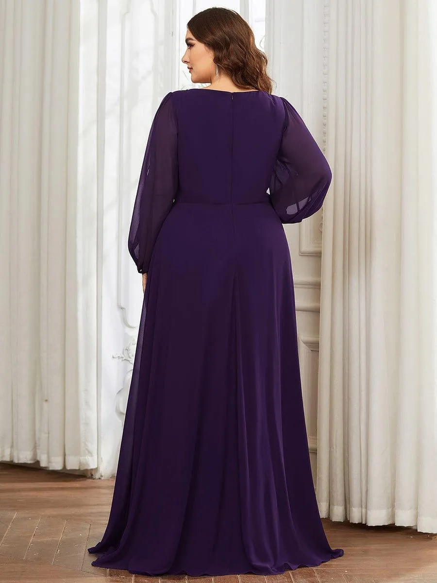Robe de Soiree Longue Elegante Avec Lanterne en V Profond a Manches Fendues et Appliques