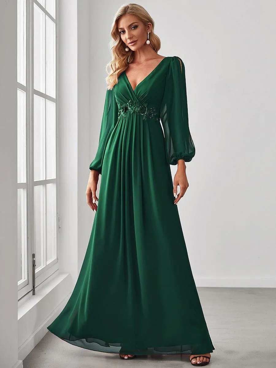 Robe de Soiree Longue Elegante Avec Lanterne en V Profond a Manches Fendues et Appliques