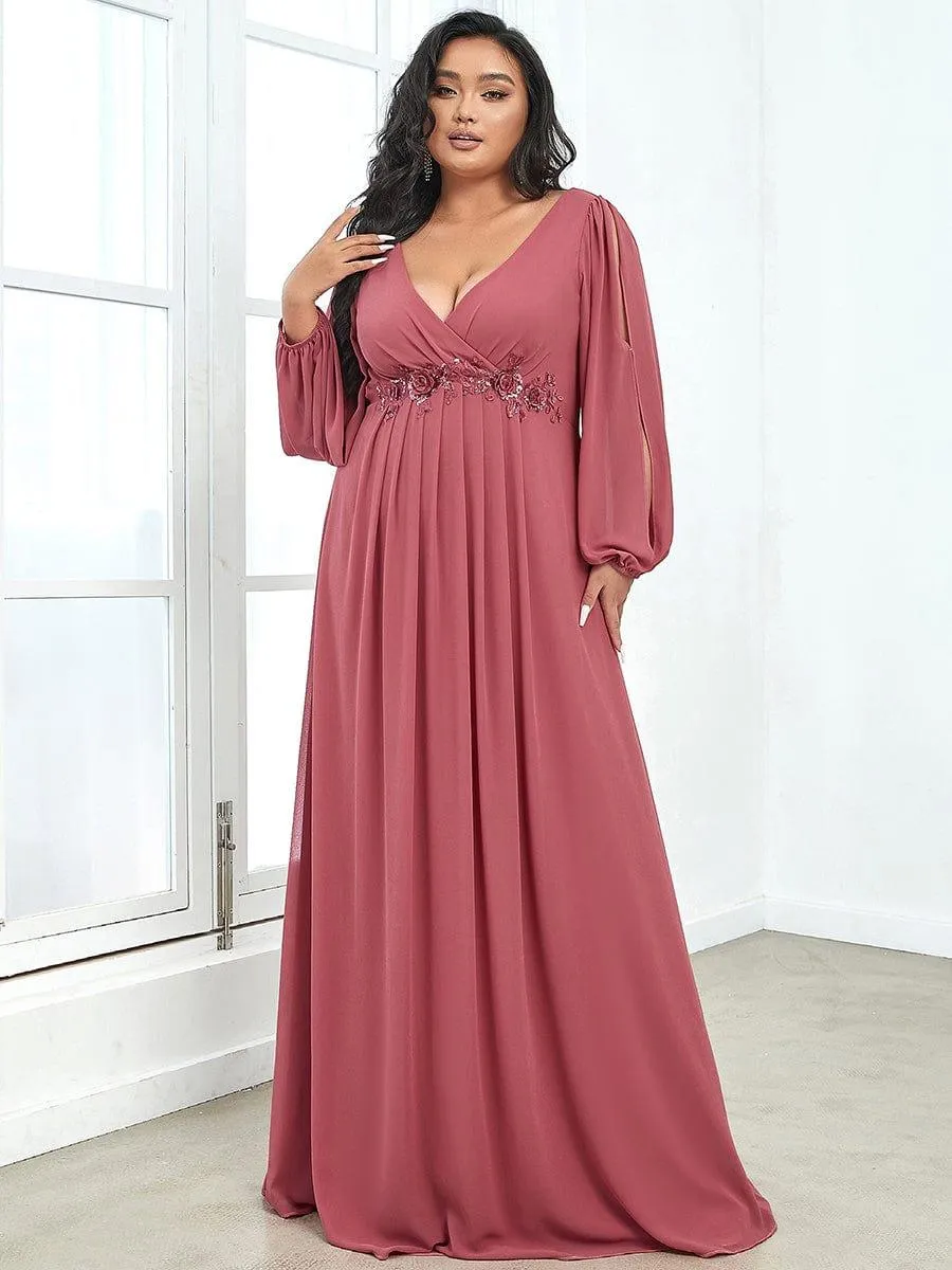 Robe de Soiree Longue Elegante Avec Lanterne en V Profond a Manches Fendues et Appliques