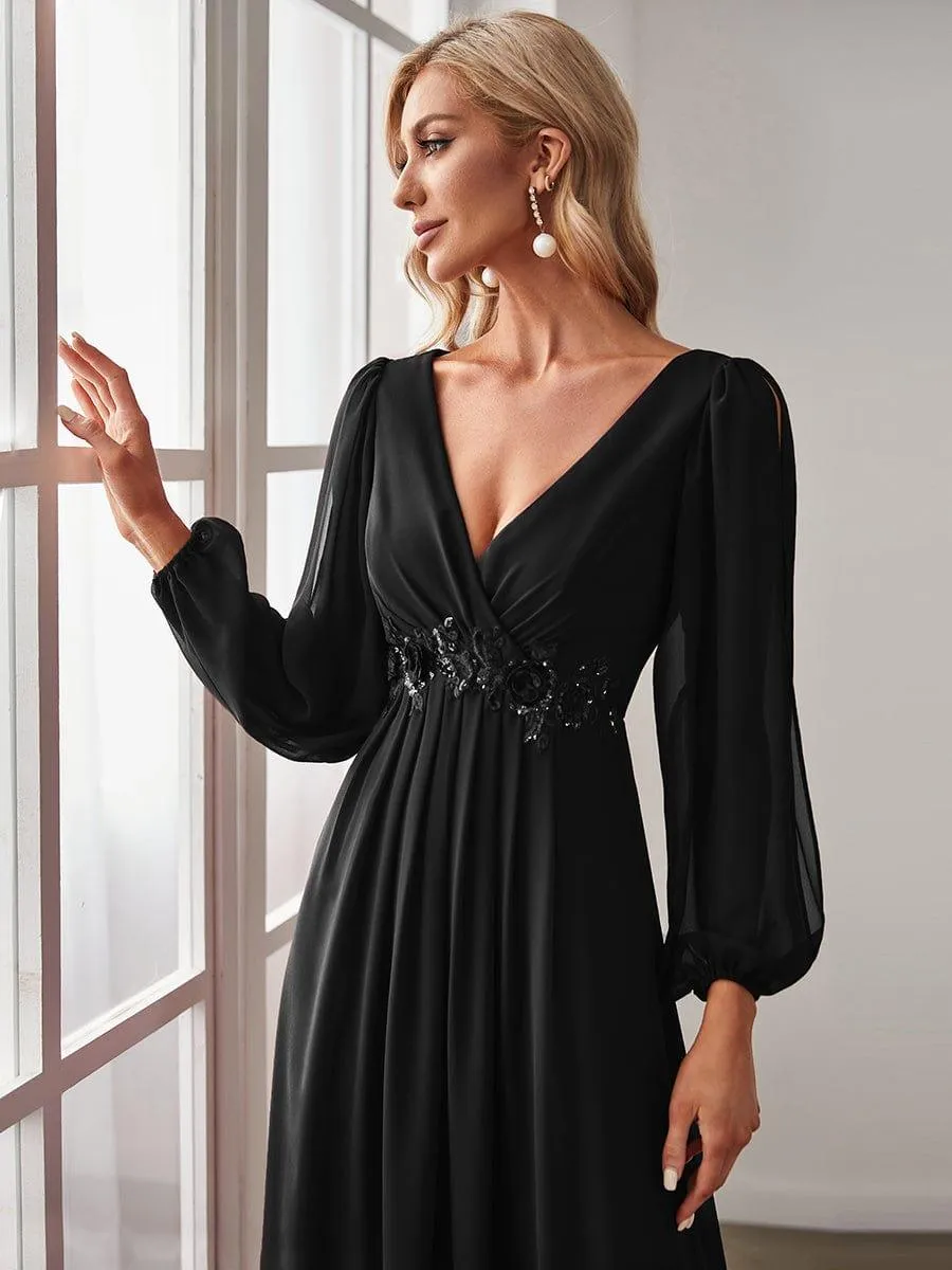 Robe de Soiree Longue Elegante Avec Lanterne en V Profond a Manches Fendues et Appliques