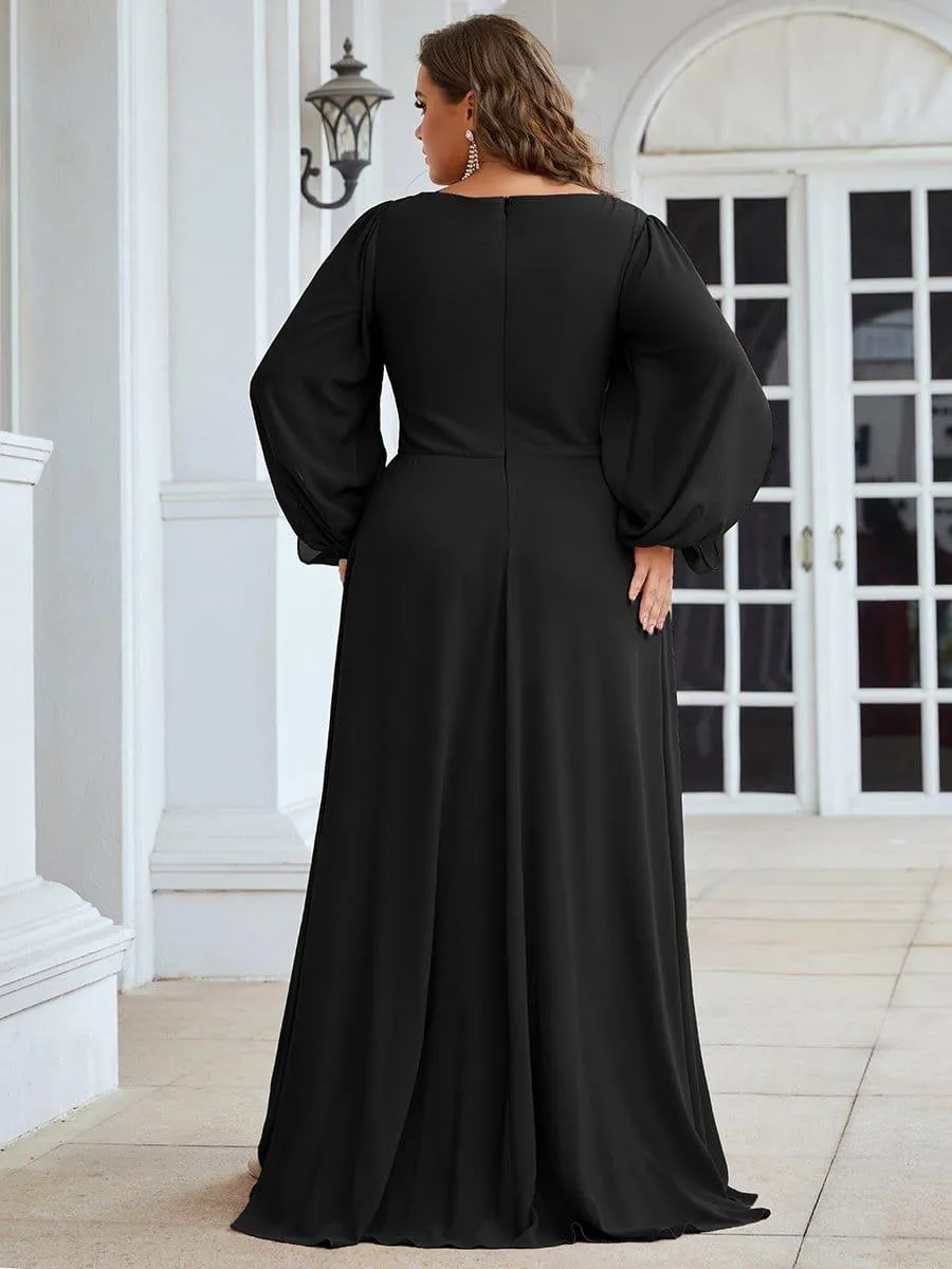 Robe de Soiree Longue Elegante Avec Lanterne en V Profond a Manches Fendues et Appliques