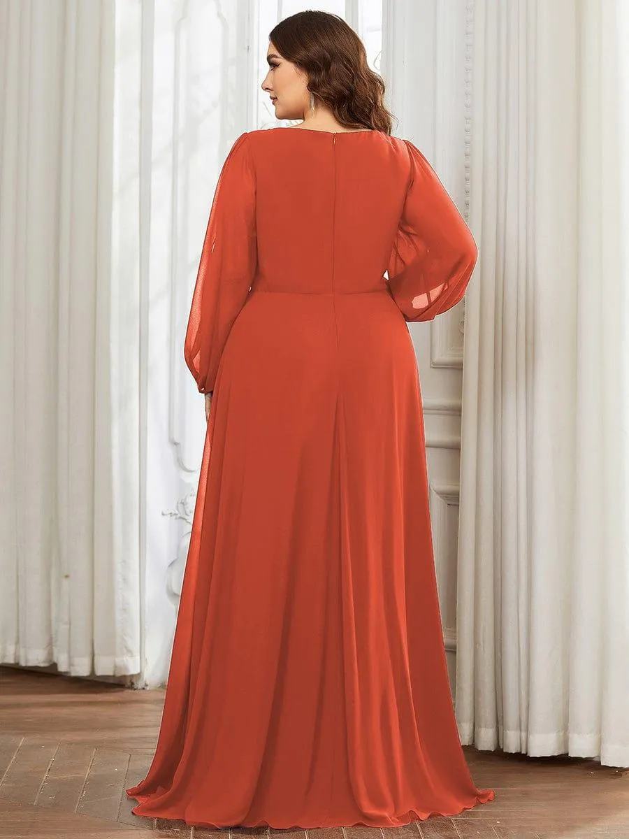 Robe de Soiree Longue Elegante Avec Lanterne en V Profond a Manches Fendues et Appliques