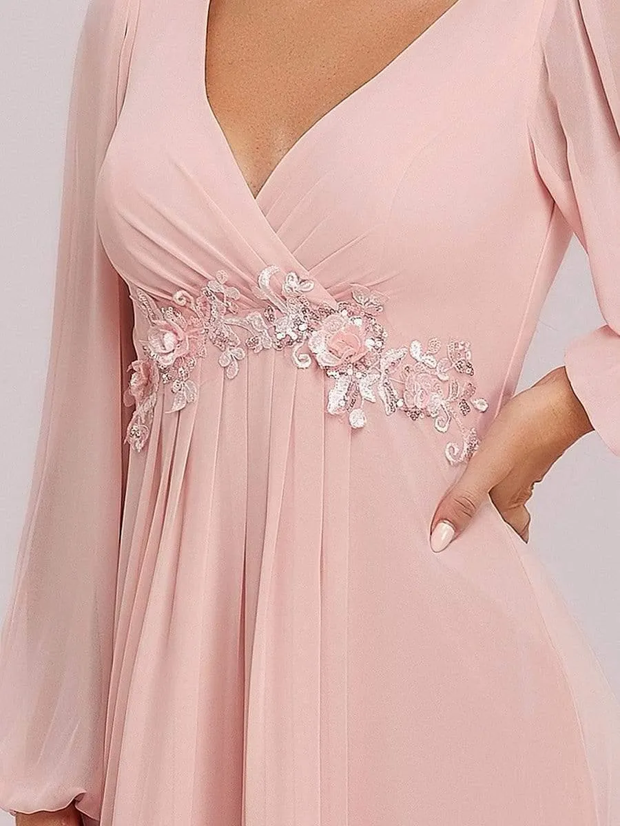 Robe de Soiree Longue Elegante Avec Lanterne en V Profond a Manches Fendues et Appliques