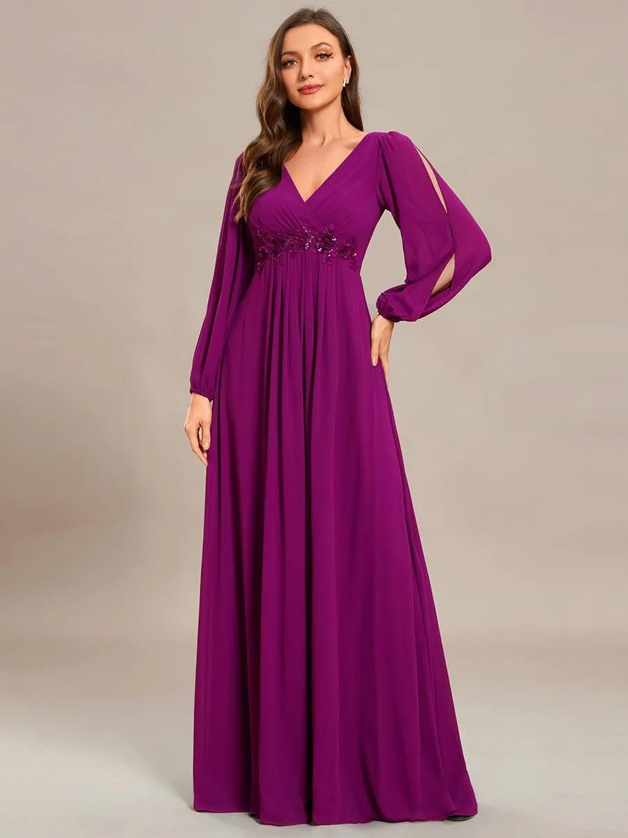 Robe de Soiree Longue Elegante Avec Lanterne en V Profond a Manches Fendues et Appliques
