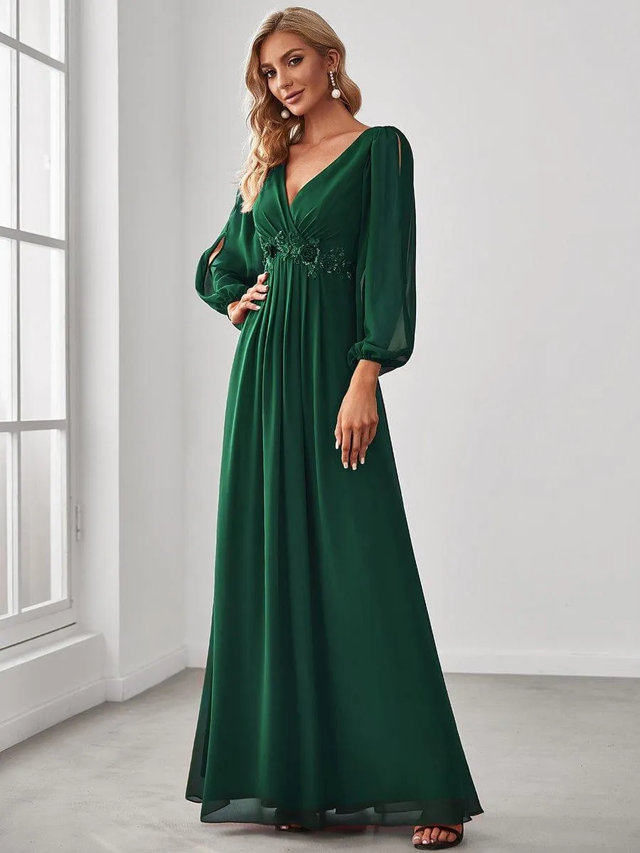 Robe de Soiree Longue Elegante Avec Lanterne en V Profond a Manches Fendues et Appliques