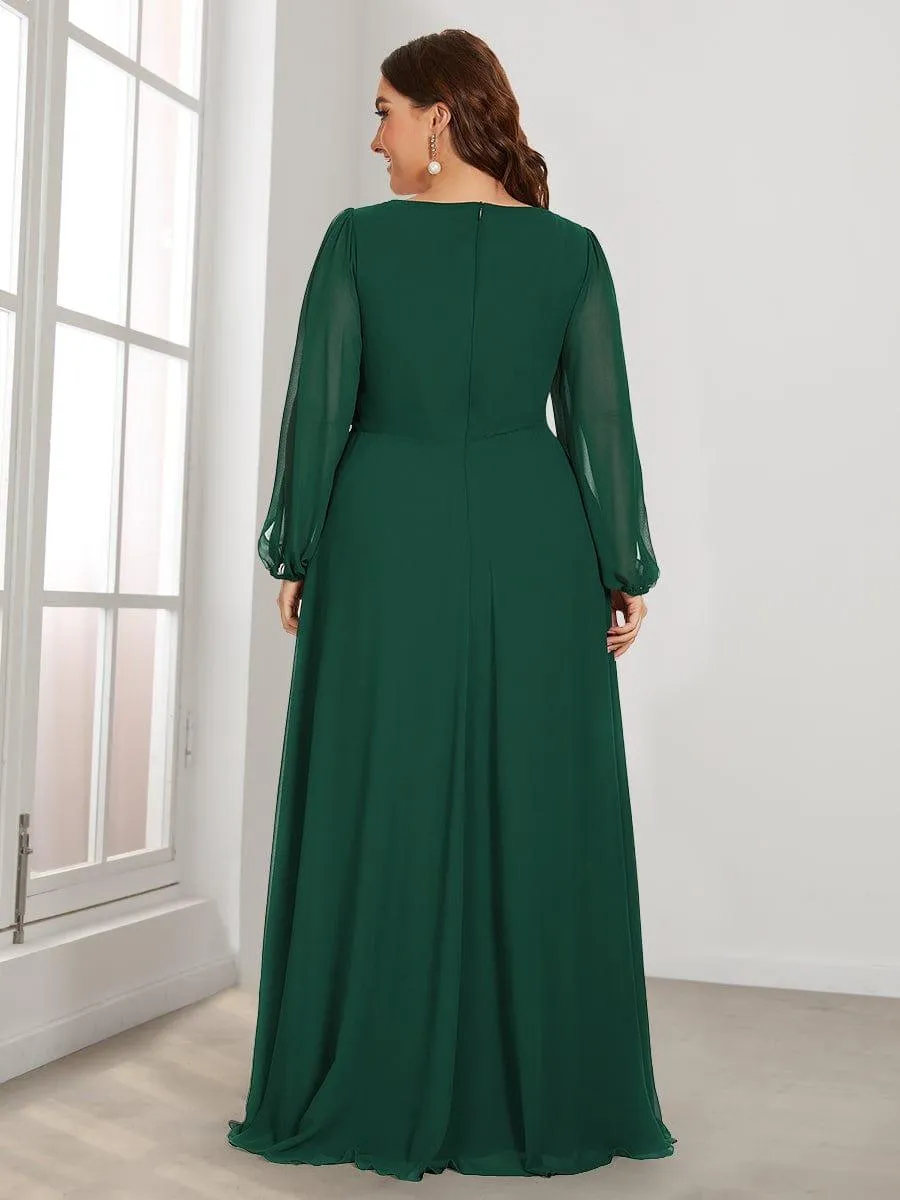 Robe de Soiree Longue Elegante Avec Lanterne en V Profond a Manches Fendues et Appliques