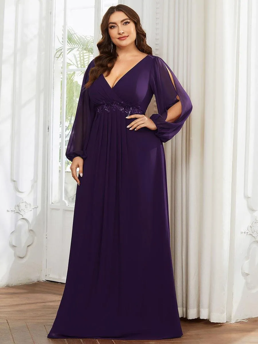 Robe de Soiree Longue Elegante Avec Lanterne en V Profond a Manches Fendues et Appliques