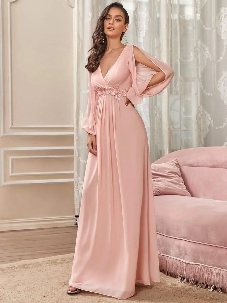 Robe de Soiree Longue Elegante Avec Lanterne en V Profond a Manches Fendues et Appliques