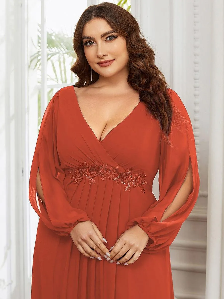 Robe de Soiree Longue Elegante Avec Lanterne en V Profond a Manches Fendues et Appliques