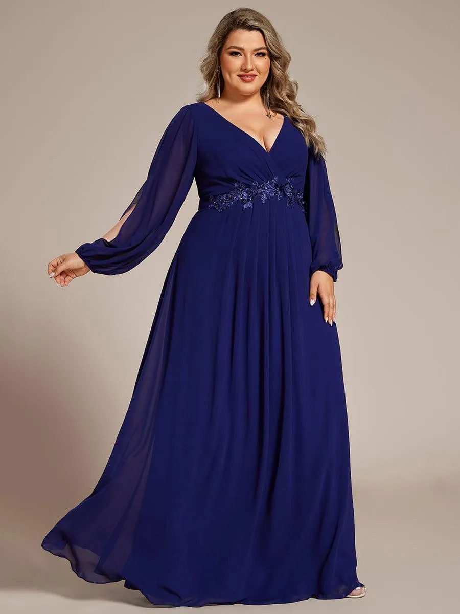 Robe de Soiree Longue Elegante Avec Lanterne en V Profond a Manches Fendues et Appliques