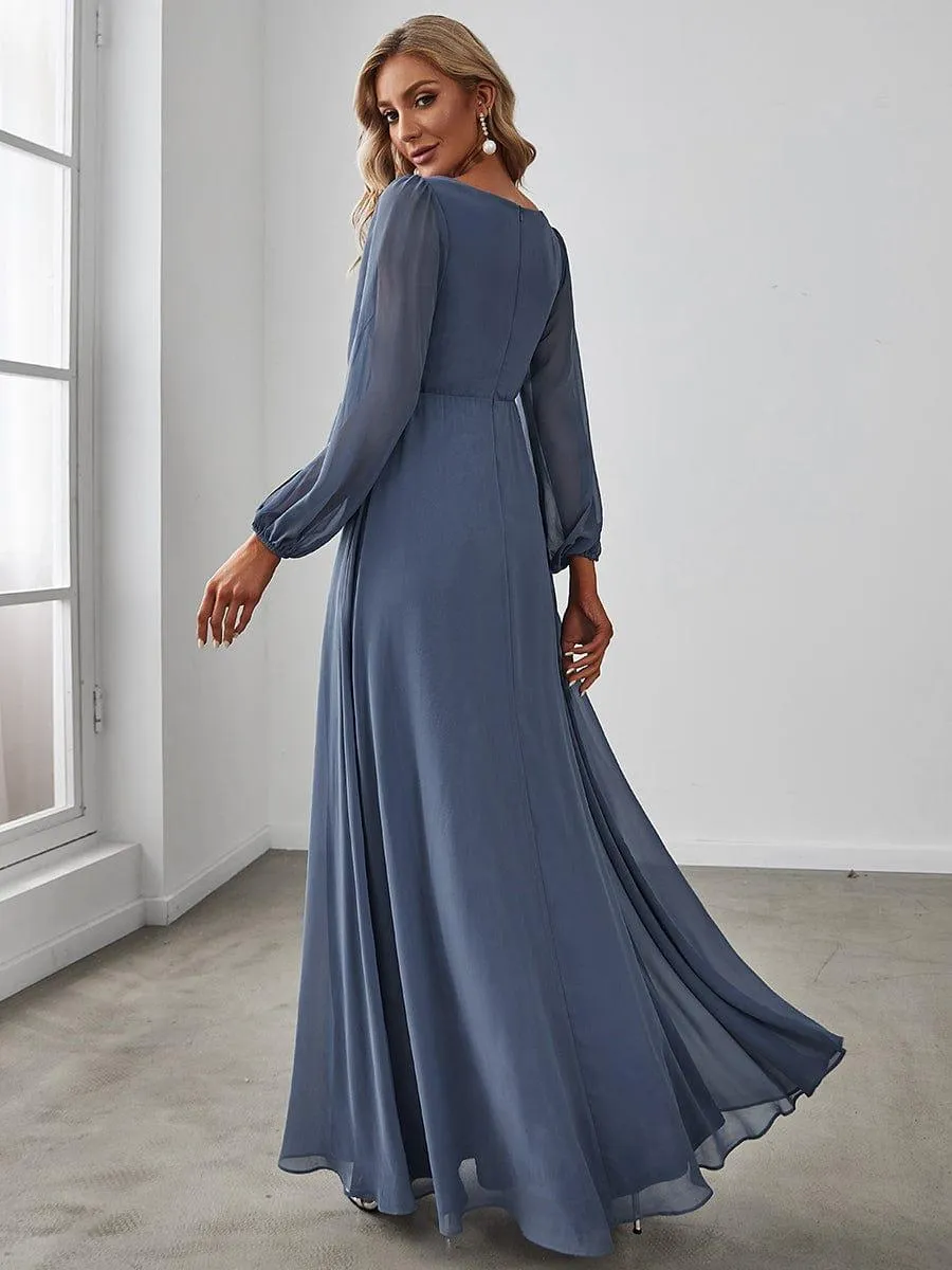 Robe de Soiree Longue Elegante Avec Lanterne en V Profond a Manches Fendues et Appliques