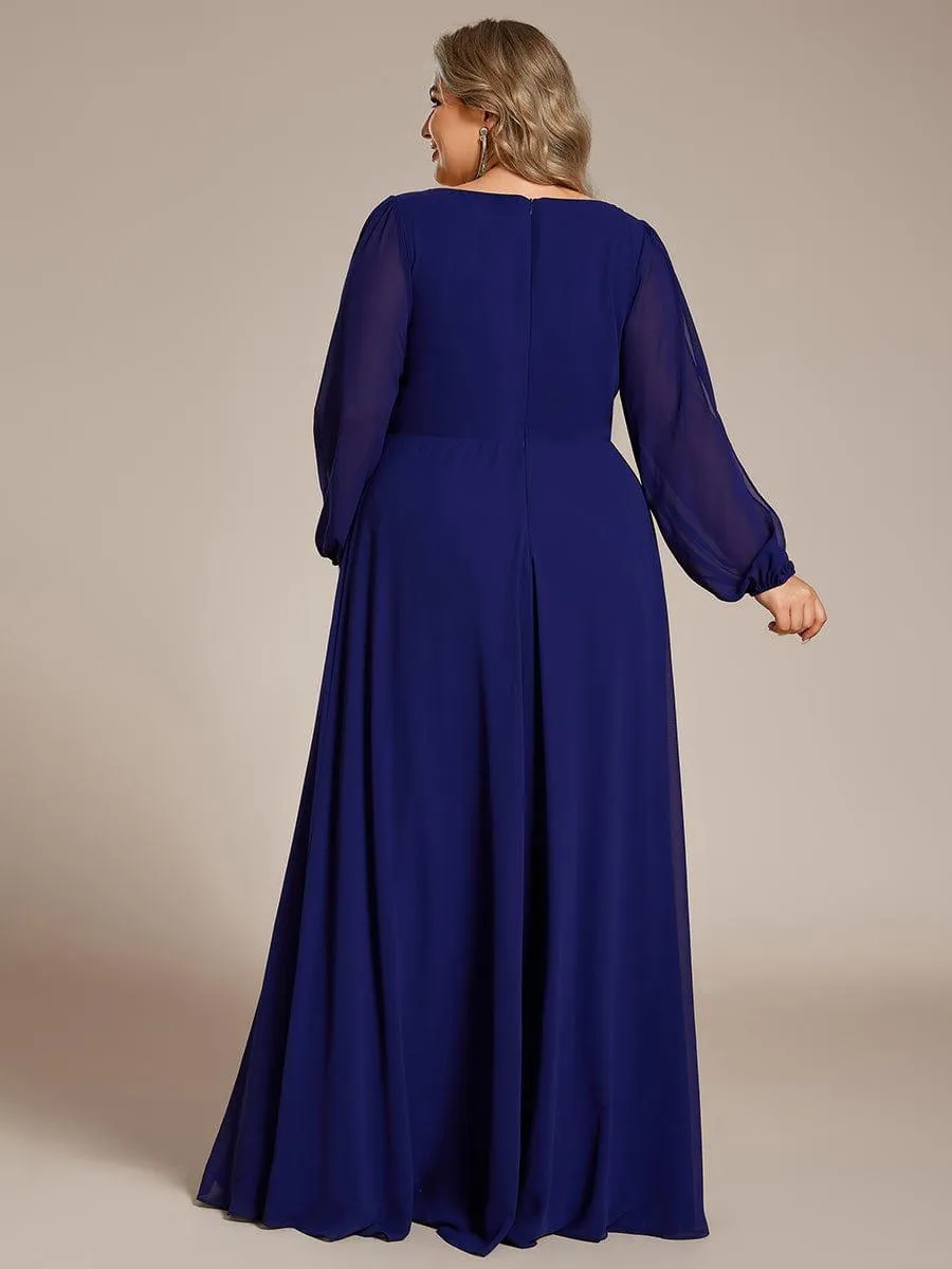 Robe de Soiree Longue Elegante Avec Lanterne en V Profond a Manches Fendues et Appliques