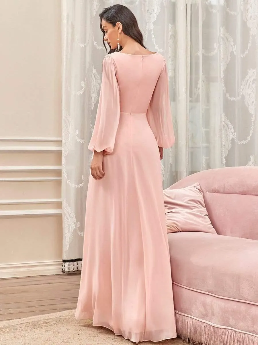 Robe de Soiree Longue Elegante Avec Lanterne en V Profond a Manches Fendues et Appliques