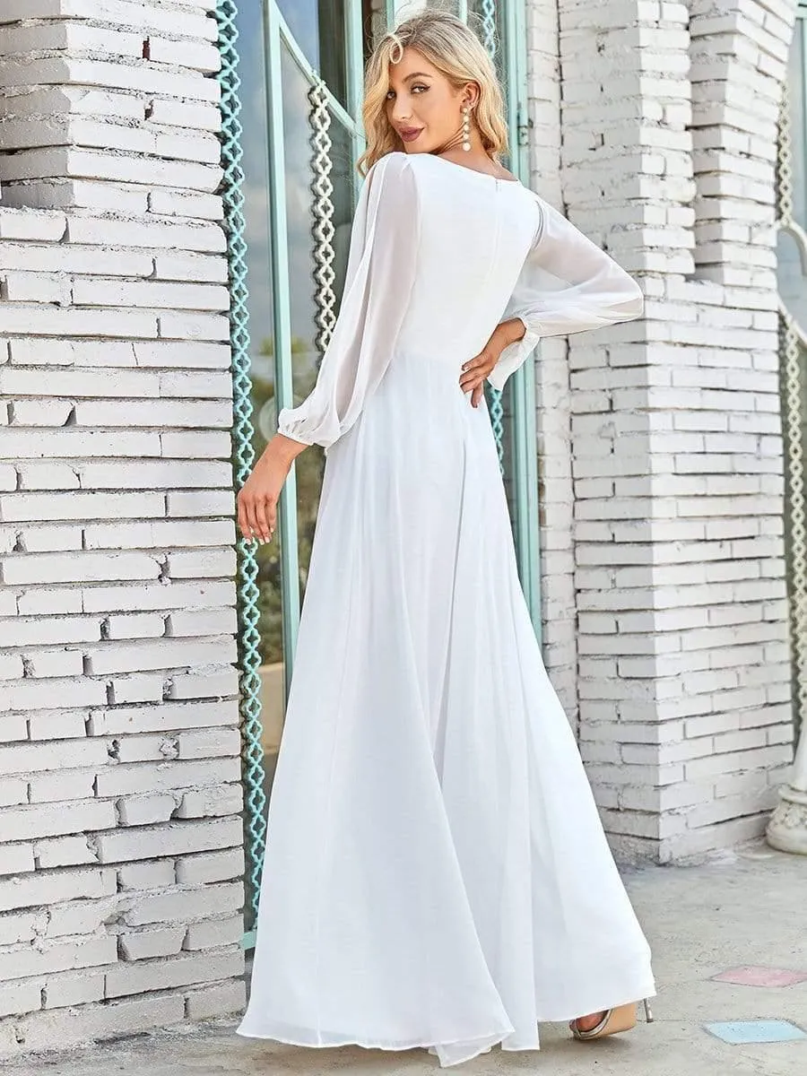 Robe de Soiree Longue Elegante Avec Lanterne en V Profond a Manches Fendues et Appliques