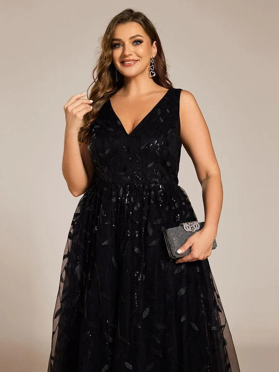 Robe d'invité de mariage mi-longue trapèze à col en V et paillettes avec sans manches