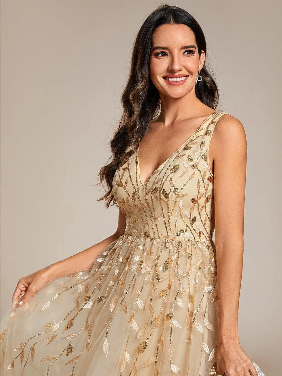 Robe d'invité de mariage mi-longue trapèze à col en V et paillettes avec sans manches