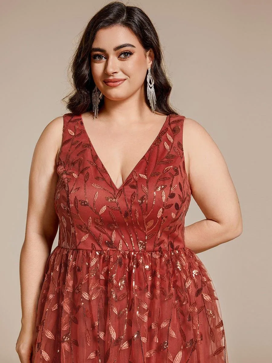 Robe d'invité de mariage mi-longue trapèze à col en V et paillettes avec sans manches