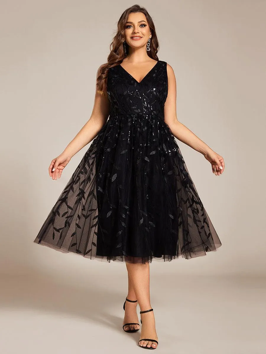 Robe d'invité de mariage mi-longue trapèze à col en V et paillettes avec sans manches