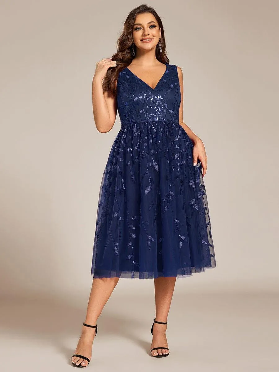Robe d'invité de mariage mi-longue trapèze à col en V et paillettes avec sans manches