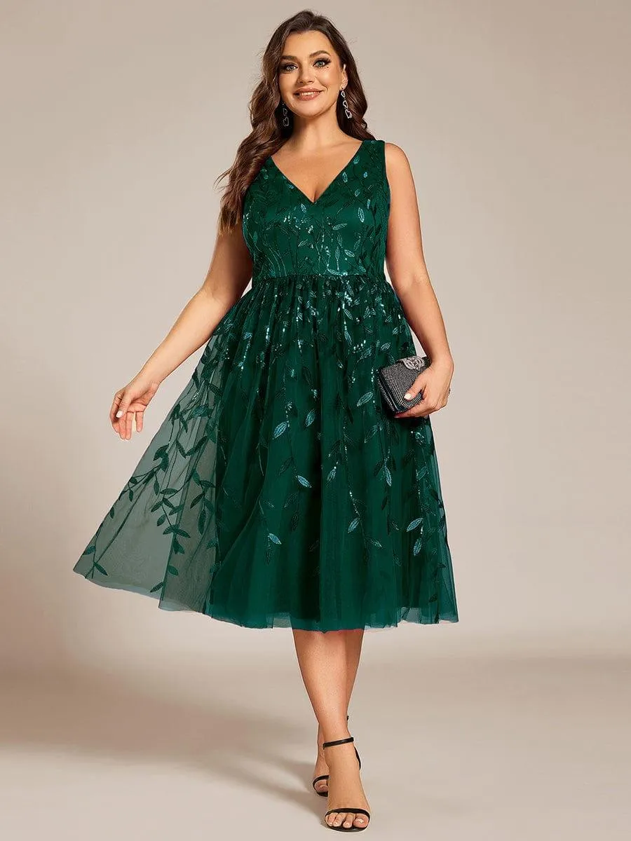 Robe d'invité de mariage mi-longue trapèze à col en V et paillettes avec sans manches
