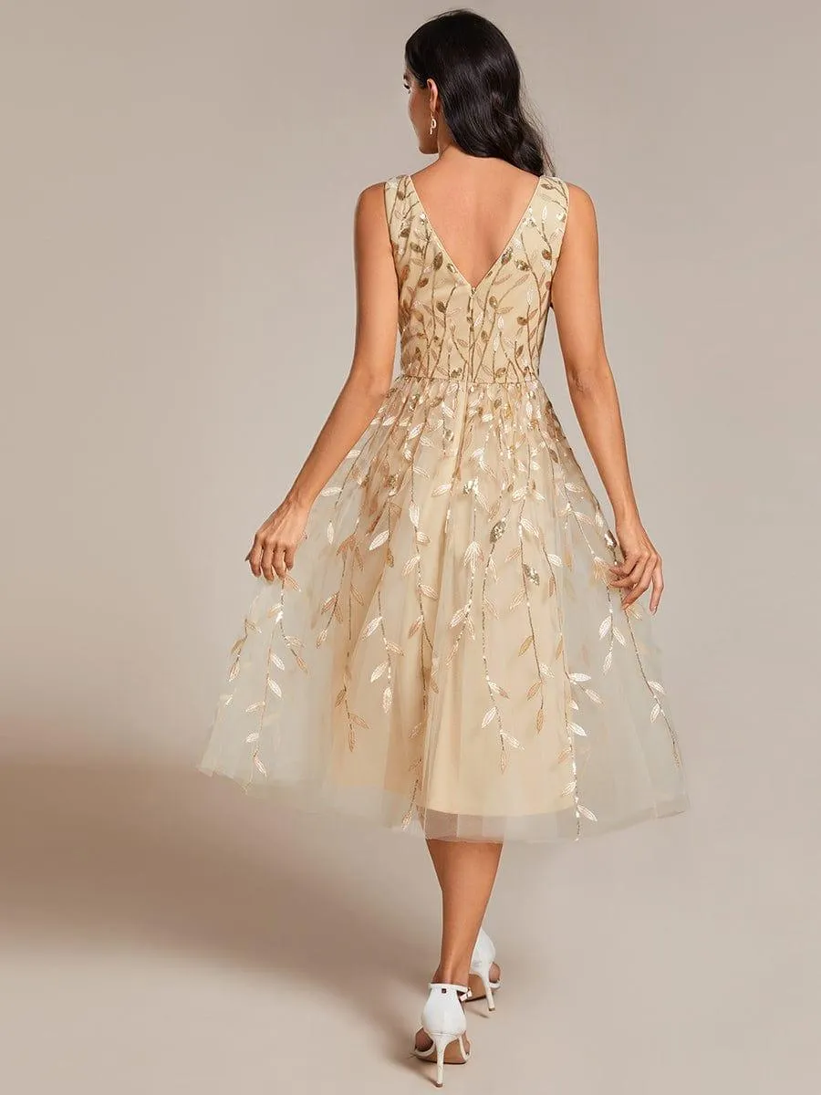 Robe d'invité de mariage mi-longue trapèze à col en V et paillettes avec sans manches