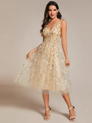 Robe d'invité de mariage mi-longue trapèze à col en V et paillettes avec sans manches