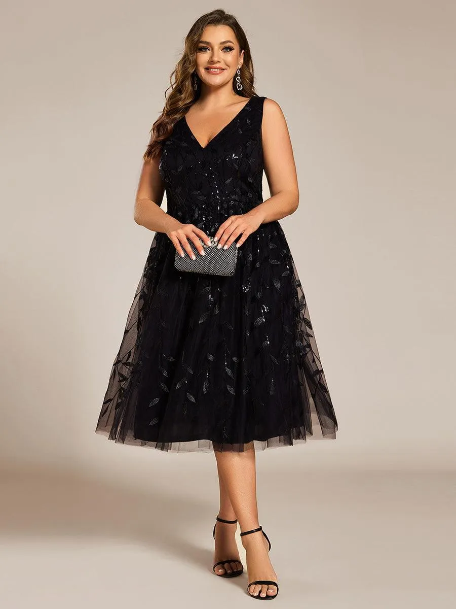 Robe d'invité de mariage mi-longue trapèze à col en V et paillettes avec sans manches