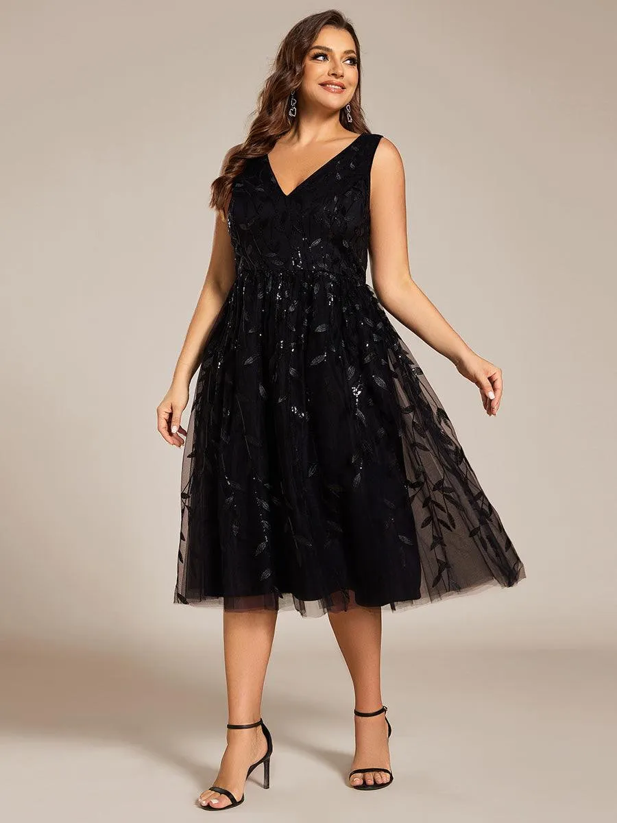 Robe d'invité de mariage mi-longue trapèze à col en V et paillettes avec sans manches