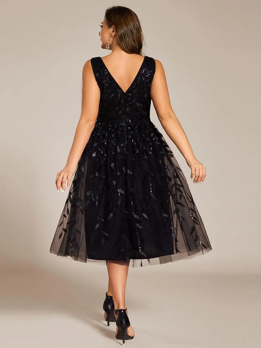Robe d'invité de mariage mi-longue trapèze à col en V et paillettes avec sans manches