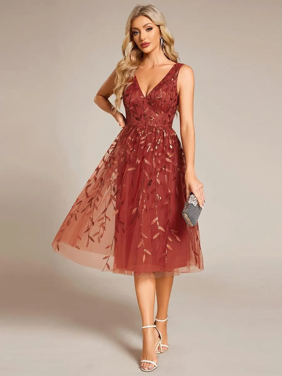 Robe d'invité de mariage mi-longue trapèze à col en V et paillettes avec sans manches