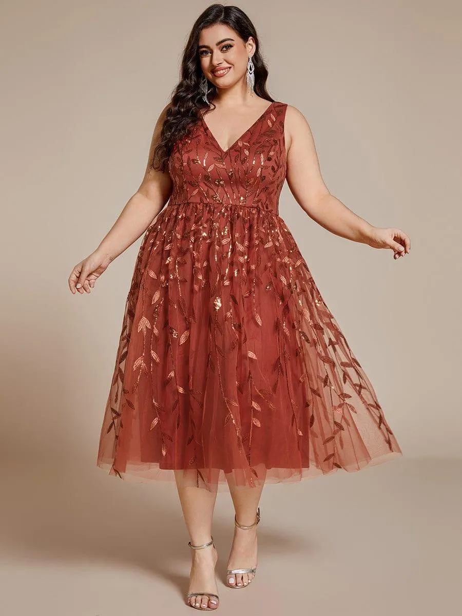 Robe d'invité de mariage mi-longue trapèze à col en V et paillettes avec sans manches
