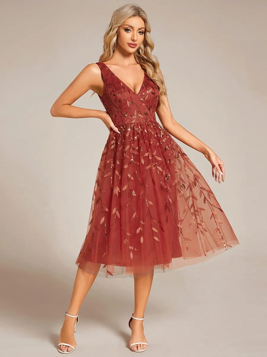 Robe d'invité de mariage mi-longue trapèze à col en V et paillettes avec sans manches