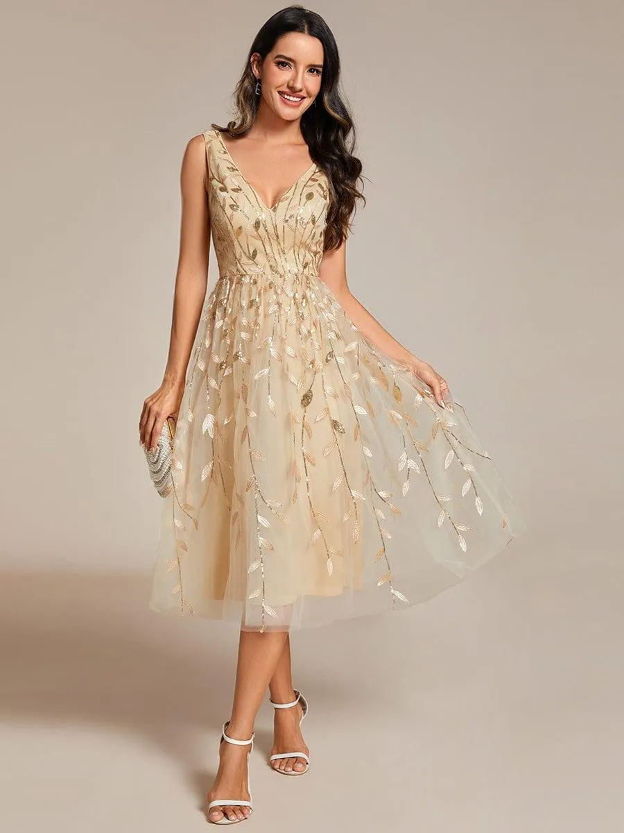 Robe d'invité de mariage mi-longue trapèze à col en V et paillettes avec sans manches