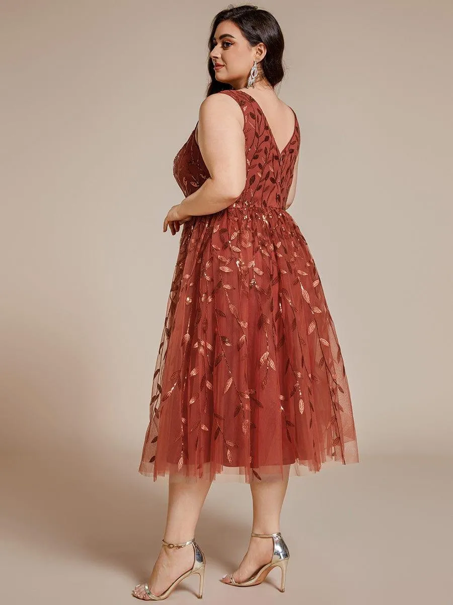 Robe d'invité de mariage mi-longue trapèze à col en V et paillettes avec sans manches