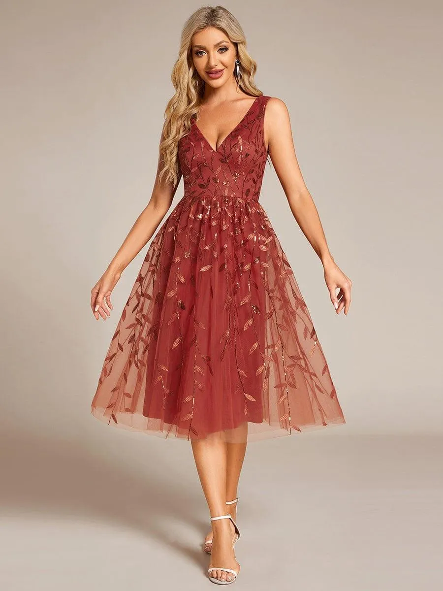 Robe d'invité de mariage mi-longue trapèze à col en V et paillettes avec sans manches
