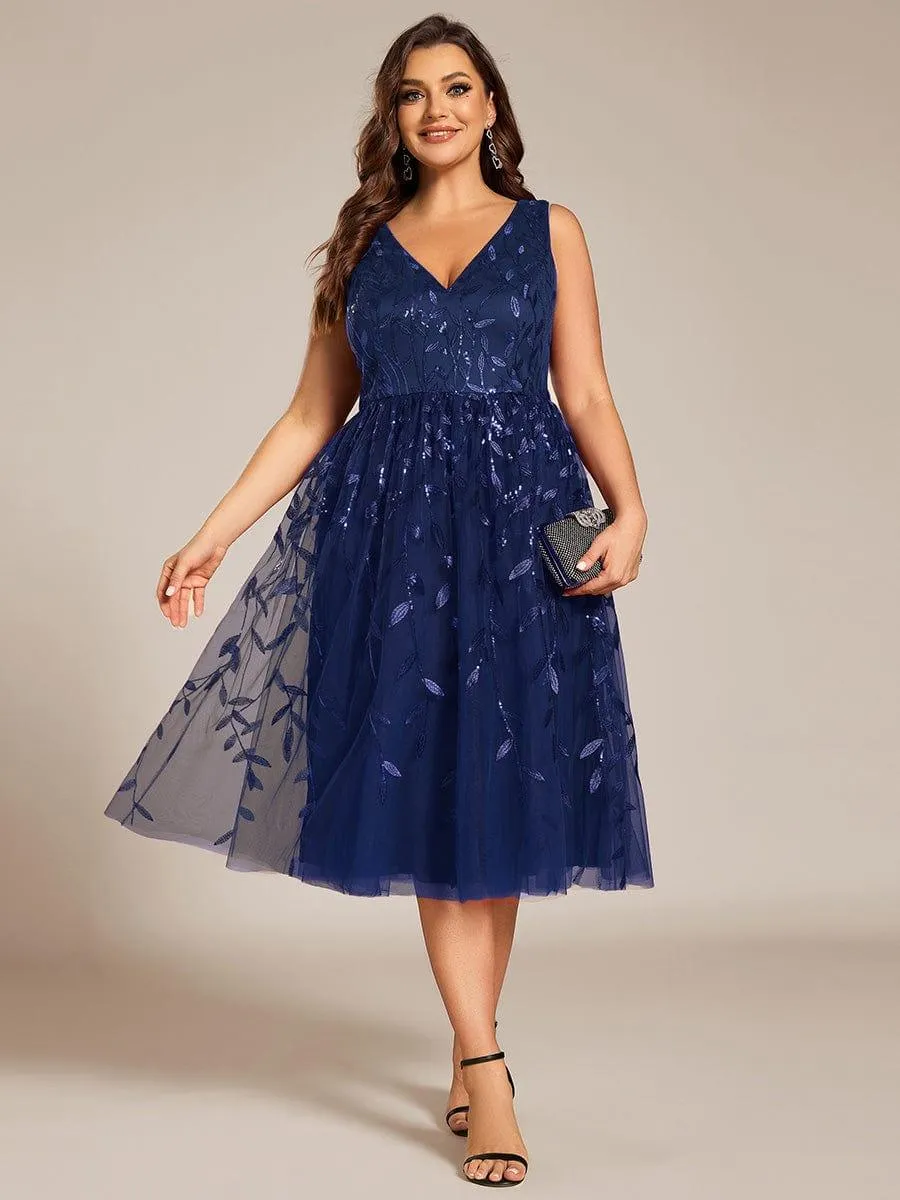 Robe d'invité de mariage mi-longue trapèze à col en V et paillettes avec sans manches
